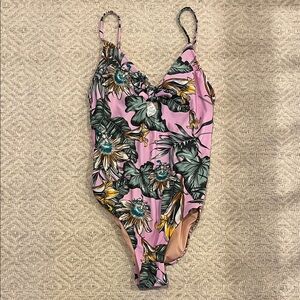 Pink tropical floral and palm print one piece swimsuit